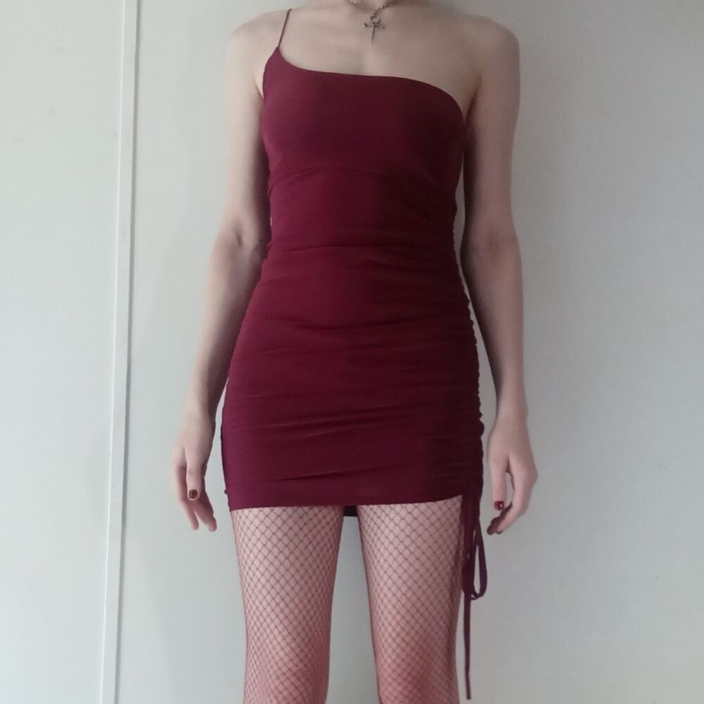 Burgundy Ruched One Shoulder Mini Dress